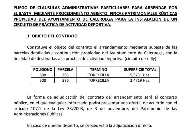 PLIEGO DE CLAUSULAS ADMINISTRATIVAS PARTICULARES PARA ARRENDAR FINCAS MUNICIPALES PARA CIRCUITO DE RALLY.