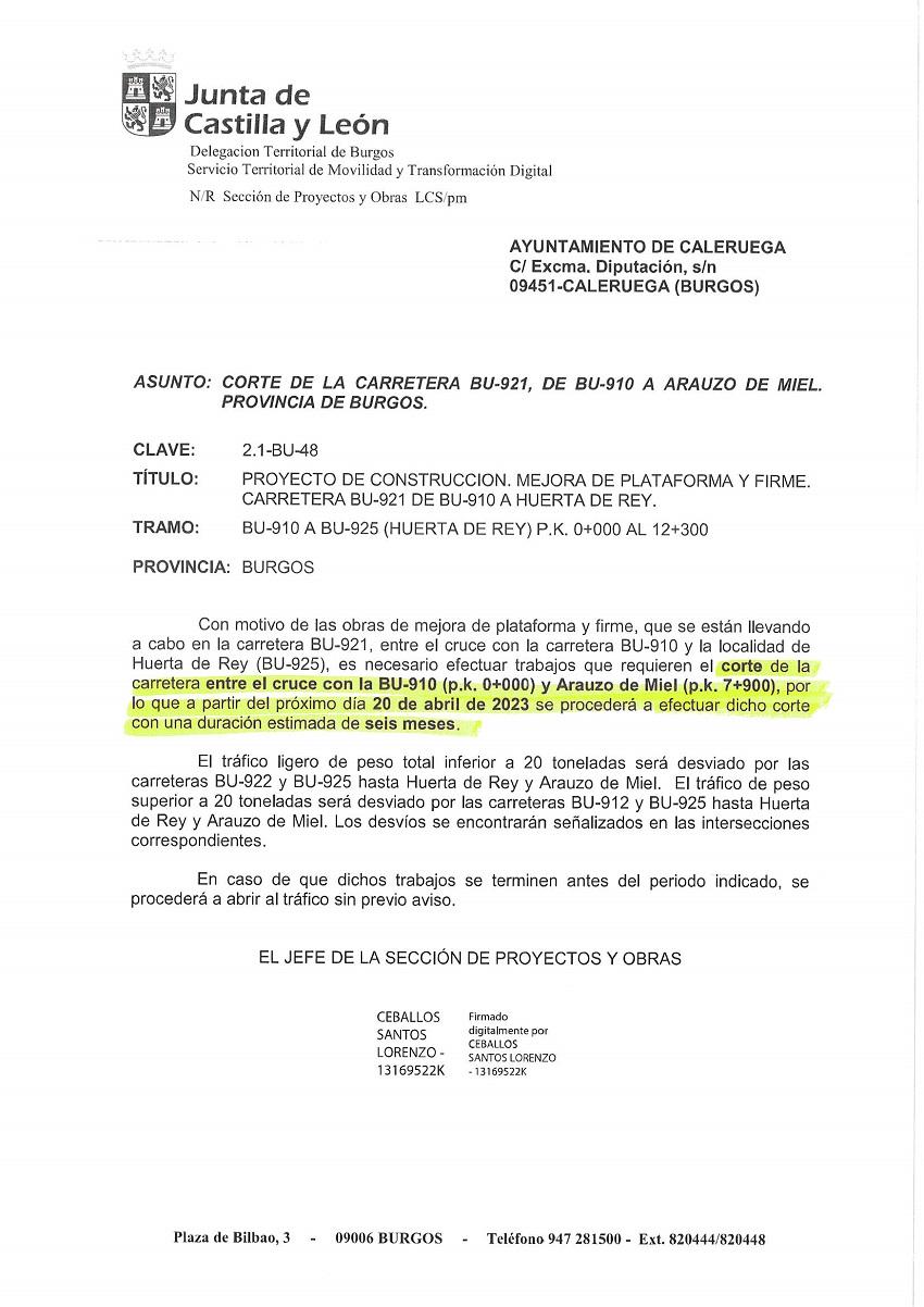 notificación corte carretera